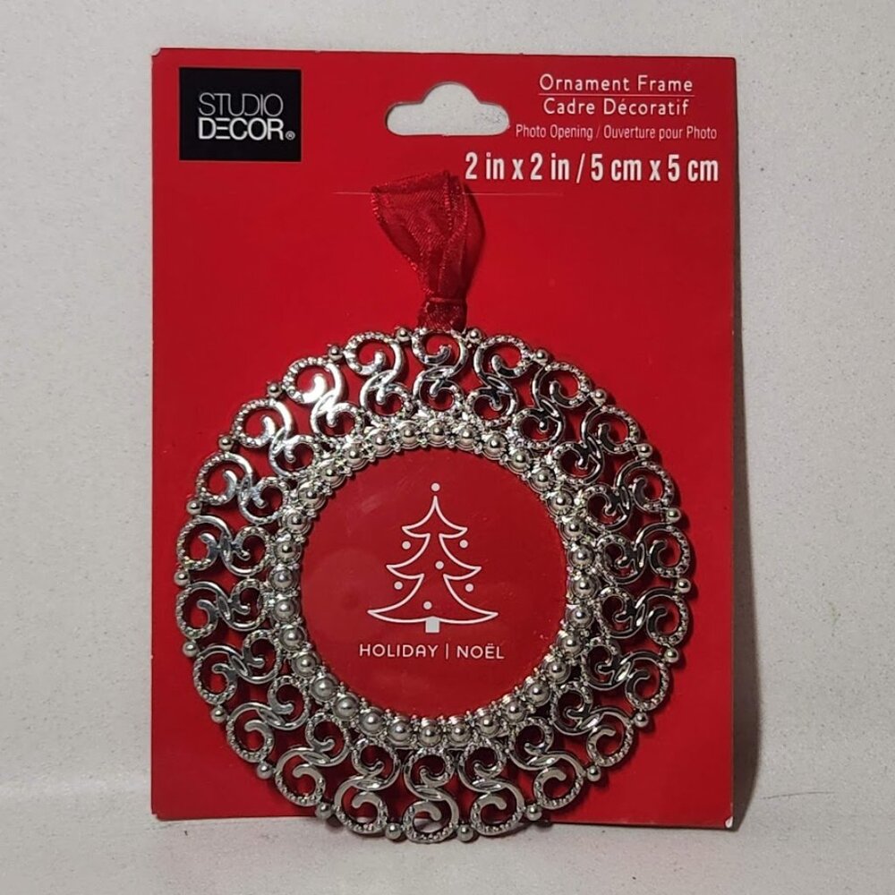 NEW Round Silver Christmas tree picture frame 2" x 2" - NEW - studio decor Comes